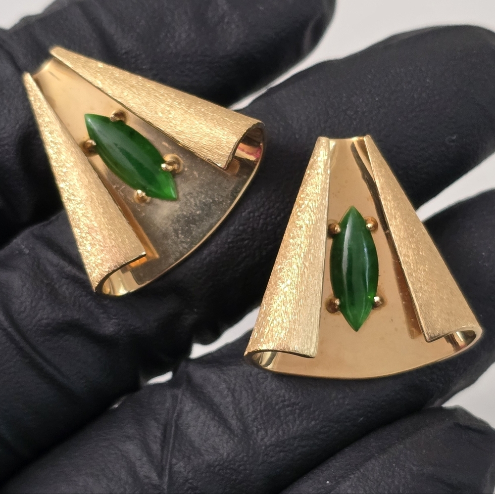 Heavy Solid 14K Gold Earrings with Green Marquise Nephrite Jade Accent
